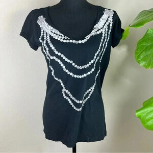 Cache Women’s Black T-Shirt Paint On Pearl Necklace, Beads, Sequins Size Medium